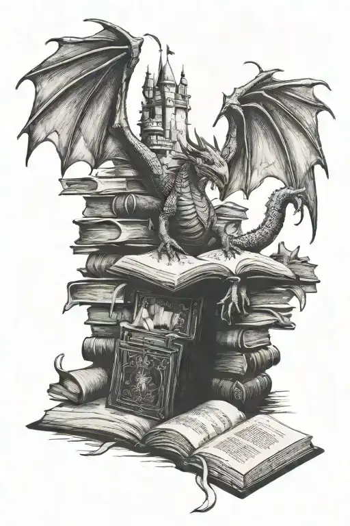 Dragons and books with castle silhouette tattoo design idea