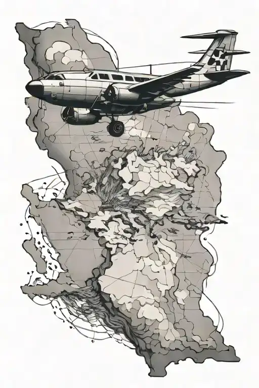landscape map aeroplane flying above a map tattoo design idea