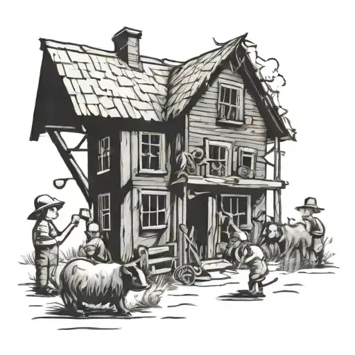 A whimsical farm scene with children playing among the animals tattoo design idea
