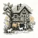 A whimsical farm scene with children playing among the animals tattoo design idea