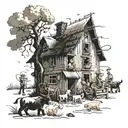 A whimsical farm scene with children playing among the animals tattoo design idea