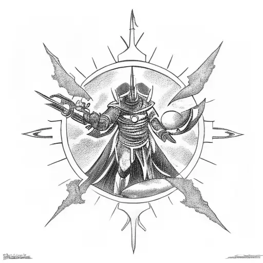 a black and white tattoo of a sun knight and a moon knight both with a star sword in their hands tattoo design idea