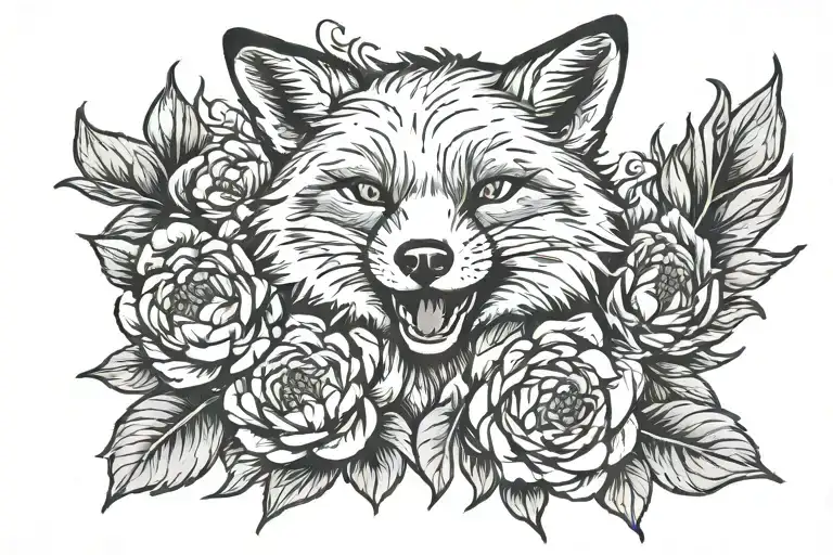 laughing fox in peonies in old school style portrait tattoo design idea