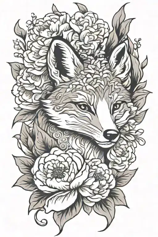 happy fox in peonies flower tattoo tattoo design idea