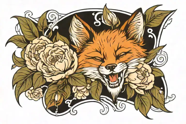 laughing fox in peonies in old school style portrait tattoo design idea