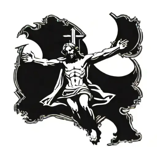A stylized blackwork design of Jesus on the cross with rays of light shining down, surrounded by intricate rosary beads tattoo design idea