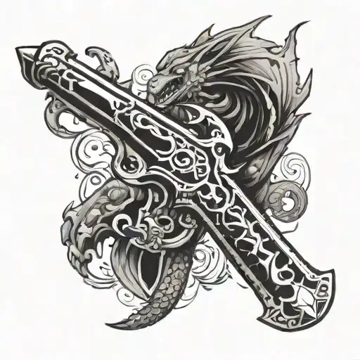 Video game controller morphing into a medieval sword, with pixelated dragons flying around tattoo design idea