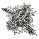 Video game controller morphing into a medieval sword, with pixelated dragons flying around tattoo design idea