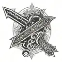 Video game controller morphing into a medieval sword, with pixelated dragons flying around tattoo design idea