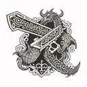 Video game controller morphing into a medieval sword, with pixelated dragons flying around tattoo design idea