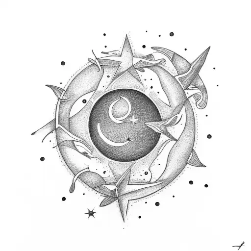 half moon, star and Gypsophila paniculata tattoo design idea