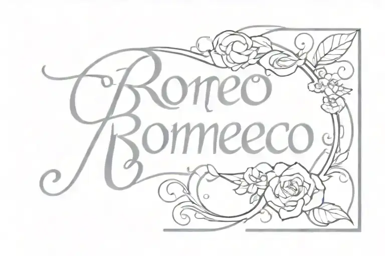 Romeo in fancy white font, dark background something modern  tattoo design idea