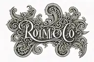 A name (Romeo) in fancy reverse shaded hollow letters with darkly shaded backgroung tattoo design idea