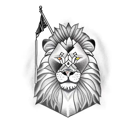 A new-school tattoo of a construction worker wearing a lion mask, holding a Moroccan flag and standing on a pile of sand tattoo design idea