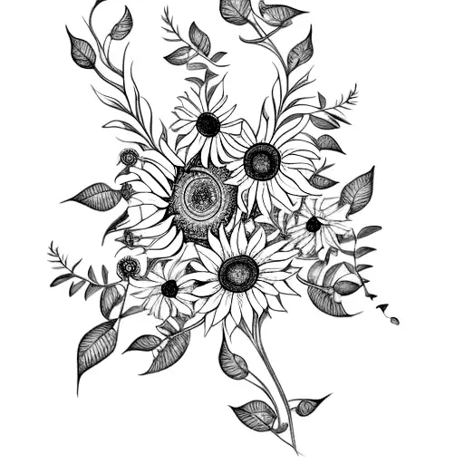 A delicate bracelet of small sunflowers with vines and leaves that wraps around your upper arm. Bees flying from flower  tattoo design idea