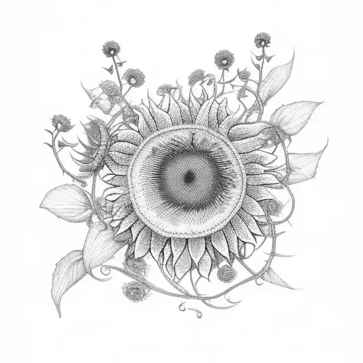 A delicate bracelet of small sunflowers with vines and leaves that wraps around your upper arm. Bees flying from flower  tattoo design idea