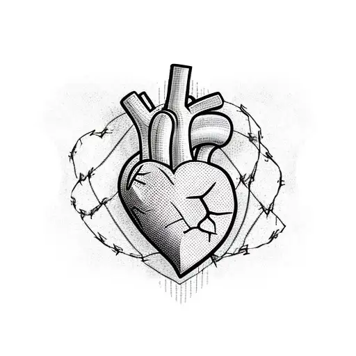 heart with barbed wire crossed by 3 blades tattoo design idea