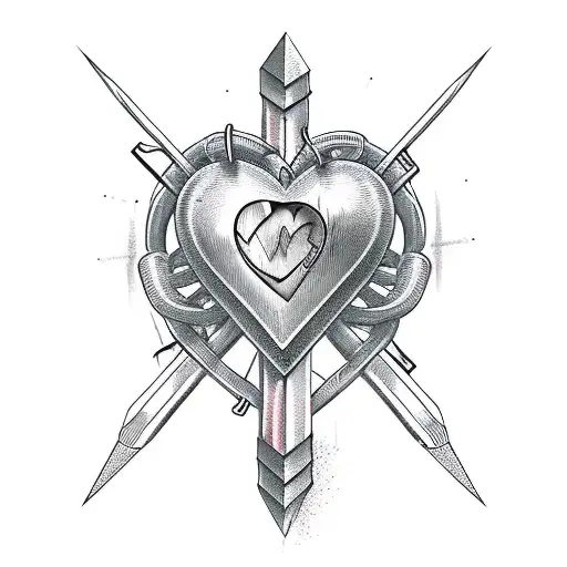 heart with barbed wire crossed by 3 blades tattoo design idea