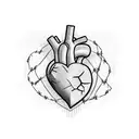 heart with barbed wire crossed by 3 blades tattoo design idea