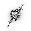 heart with barbed wire crossed by 3 blades tattoo design idea