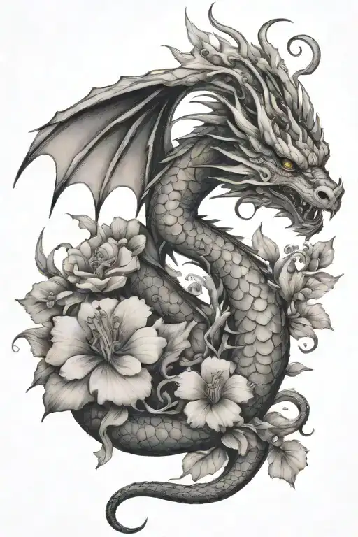 feminine flying dragon with violets simple tattoo tattoo design idea