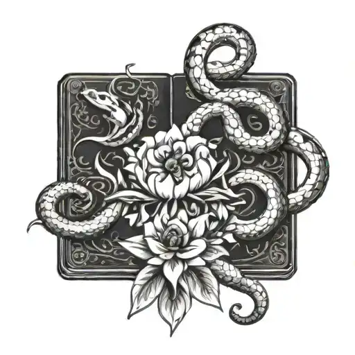 snake books flowers and hell in Arabic writing tattoo design idea