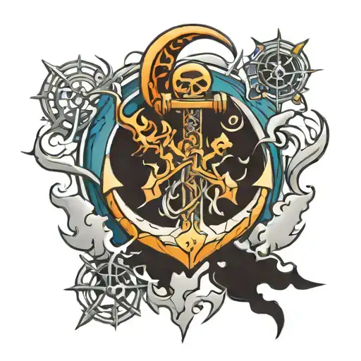 anchor mountain flames lightning moon snow flake trident   tattoo design idea