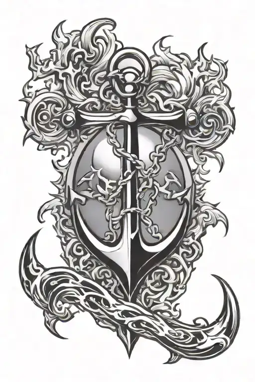 anchor mountain lightning bolts moon trident flames snowflake  tattoo design idea