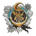 anchor mountain flames lightning moon snow flake trident   tattoo design idea