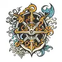 anchor mountain flames lightning moon snow flake trident   tattoo design idea