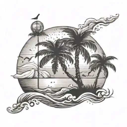 A tattoo of a serene beach scene with palm trees and waves crashing on the shore, capturing your fondness for beaches and tropical getaways tattoo design idea