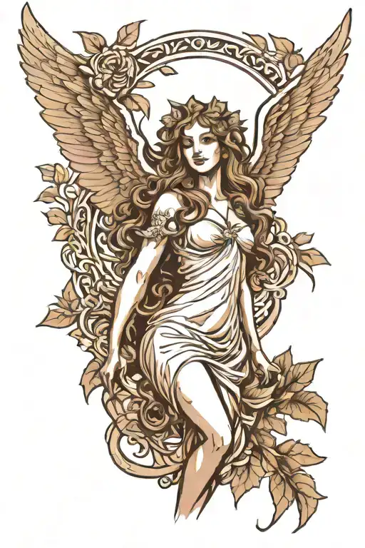 A realistic mythological statues style line art drawing tattoo design of a holly looking aphrodite goddess with wings tattoo design idea