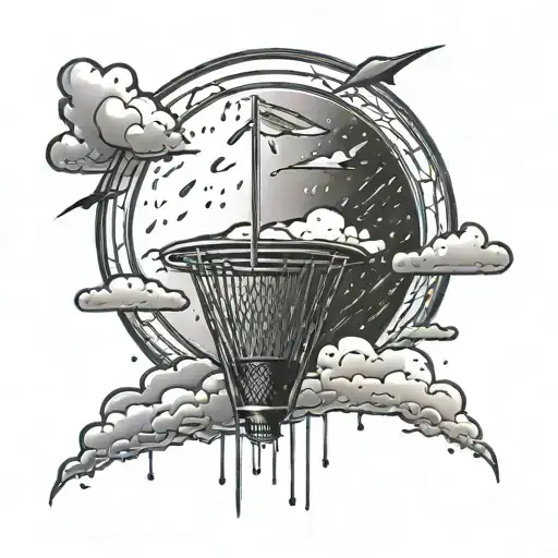 A tattoo featuring a disc golf basket surrounded by thunderstorm clouds and raindrops tattoo design idea