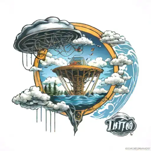 A tattoo featuring a disc golf basket surrounded by thunderstorm clouds and raindrops tattoo design idea