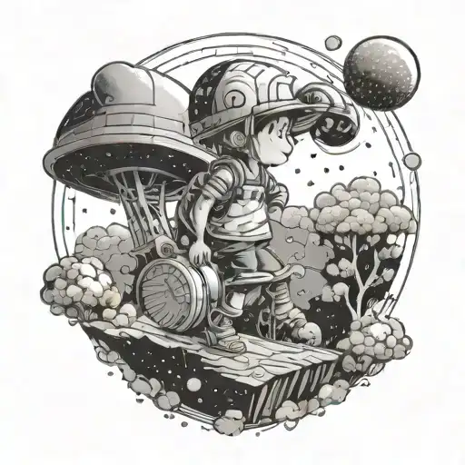 A cosmic scene with Ness from Earthbound exploring a digital world, blending your favorite character with your interest in technology. tattoo design idea