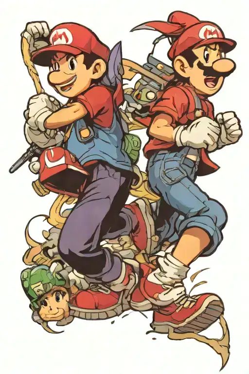 Ness from earthbound and super mario fighting each other tattoo design idea