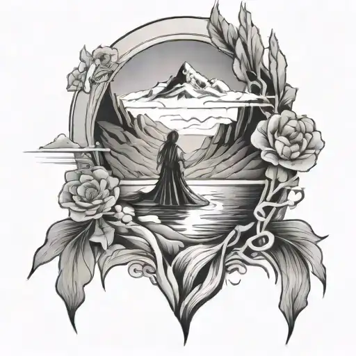 A black-grey tattoo of a woman overcoming pain and heartbreak, with elements of nature like mountains and rivers symbolizing her journey to wholeness tattoo design idea