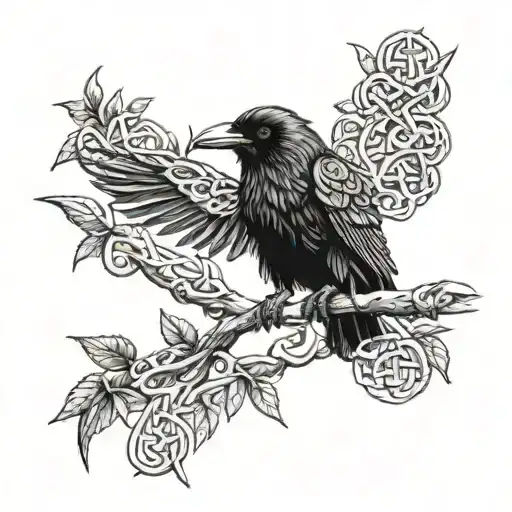 A mystical raven perched on a branch with intricate Celtic knotwork in the background tattoo design idea