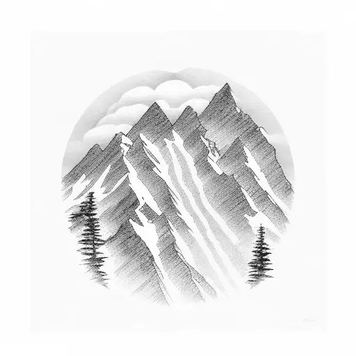 Mountains, misty mountain trail, rivers, glacier  tattoo design idea