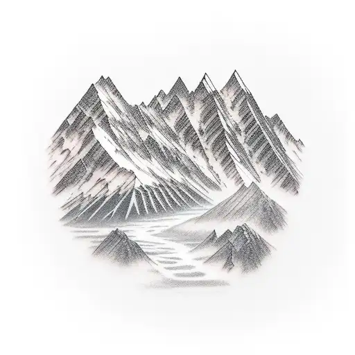 Mountains, misty mountain trail, rivers, glacier  tattoo design idea