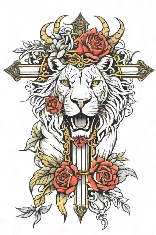 half lion half lamb face crown of thorns and gold cross down the midddle  tattoo design idea