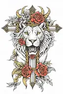half lion half lamb face crown of thorns and gold cross down the midddle  tattoo design idea