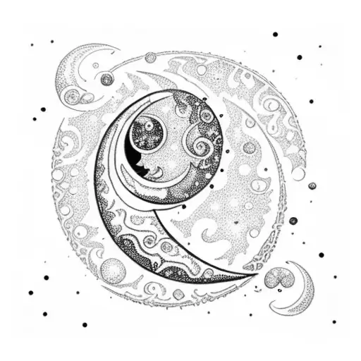 An intricate dotwork design of a crescent moon and stars, surrounded by swirling galaxies tattoo design idea