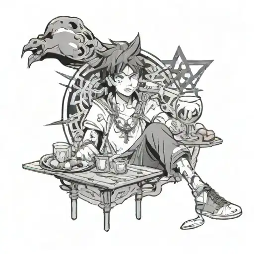 An anime character holding a joint and a glass of alcohol, surrounded by historical symbols from Iran tattoo design idea