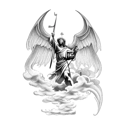 st Micheal with archer and clouds sleeve tattoo design idea