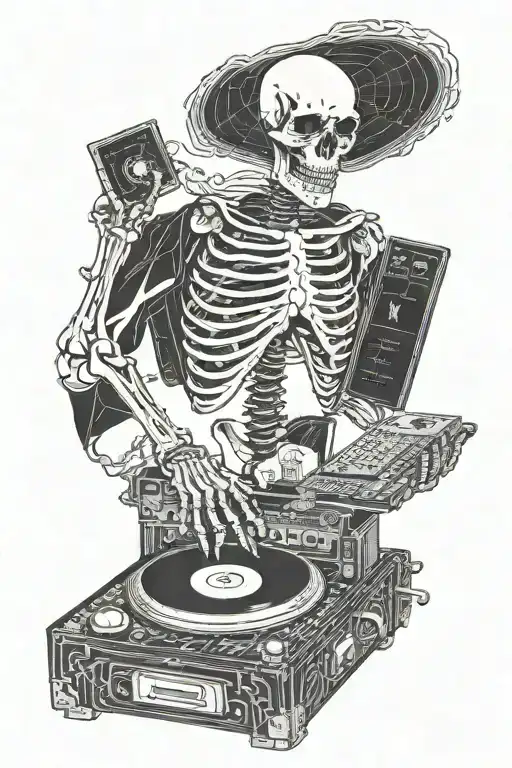 Skeleton DJing records tarot card  tattoo design idea