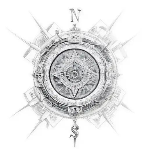 An intricate compass surrounded by mountain peaks and clouds tattoo design idea