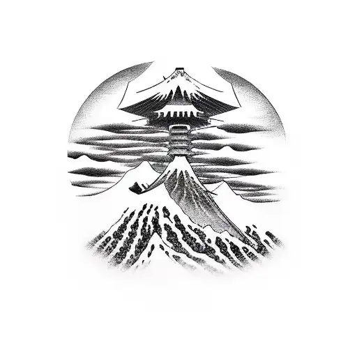 Japanese 100 year devil, embedded in cherry tree, with Japanese building and mountain in background  tattoo design idea
