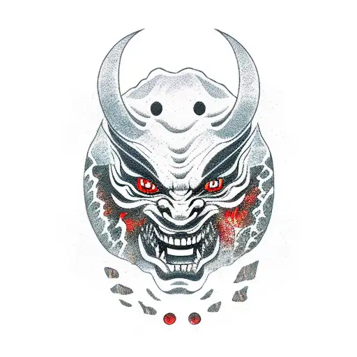 Japanese 100 year demon face in tree with mountain in background  tattoo design idea