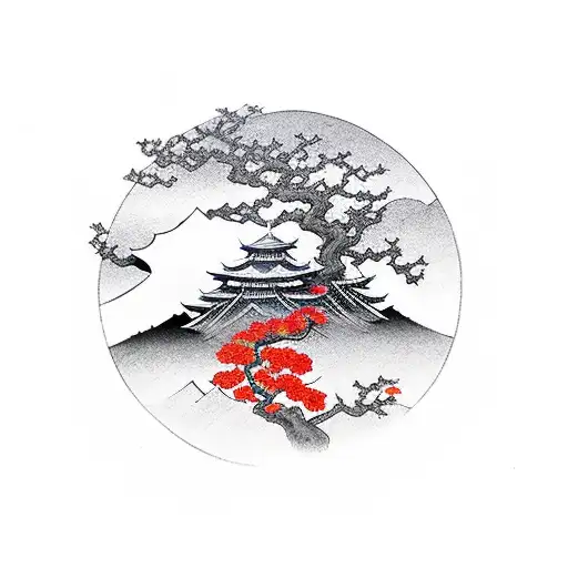 Japanese 100 year demon embedded in cherry tree, with Japanese building and mountain in background  tattoo design idea